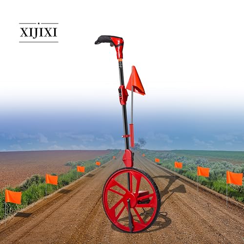 XIJIXI Distance Measuring Wheel 12.5” Dia. Collapsible with One-Key Zero, Red with 10 Flags, Large Plastic