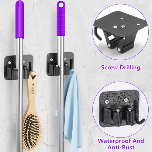 YUWANTING Black Stainless Steel Broom Holder - Heavy Duty Wall Mount Organizer with 4 Hooks & Grippers
