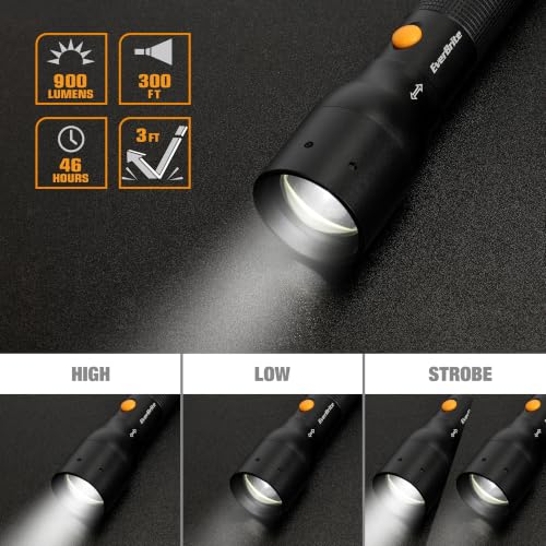 EverBrite Tactical Flashlight Black Large, 900 Lumen Zoomable, 3 Light Modes