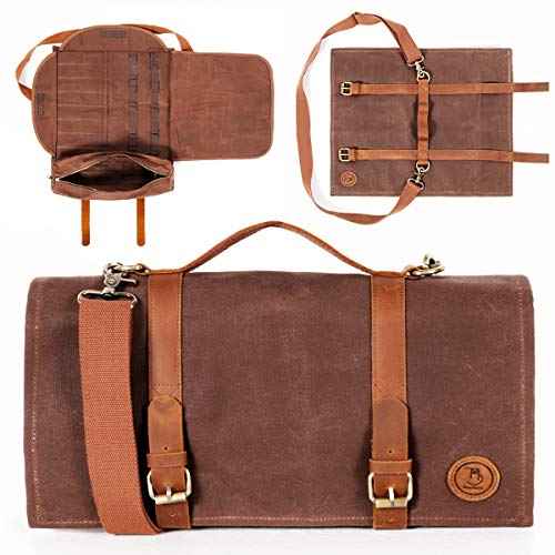Bartender tool bag waxed canvas water resistant adjustable shoulder straps genuine leather handles 16 pockets holds 33oz bottle mobile travel design - Bag ONLY