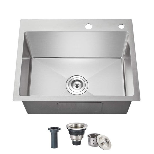 OUGOO 20x16x9 Inch Drop in Kitchen Sink, Handmade 304 Stainless Steel Single Bowl with 2 Holes, R10 Tight Radius, Topmount Installation, for Modern Kitchen/RV Sink, Brushed