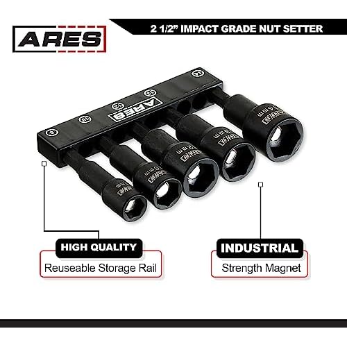 ARES 70029 - Metric Impact Magnetic Nut Driver Set - 2 1/2-Inch Impact Grade Nut Setter with Industrial Strength Magnet