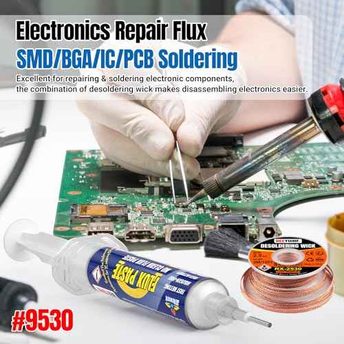 Electrical Soldering Flux Paste (10cc Syringe) with Desoldering wick Braid (3M/10ft 2.5mm) for Electronics Soldering Repairs Remover Kit