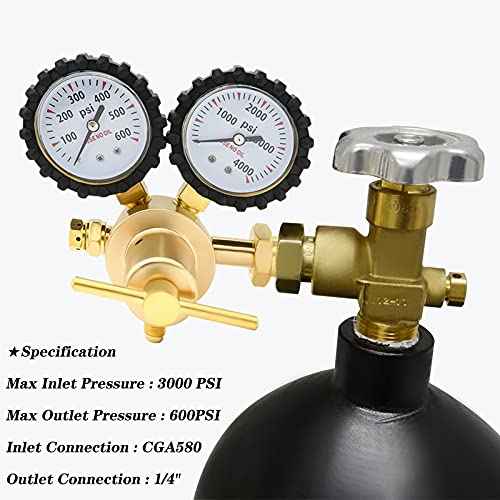 Nitrogen Regulator 0-600PSI CGA580 Inlet, 1/4-Inch Male Flare Outlet Connection,Heavy-Duty Handle,Self-reseating Relief Valve,Nitrogen Tank Regulator