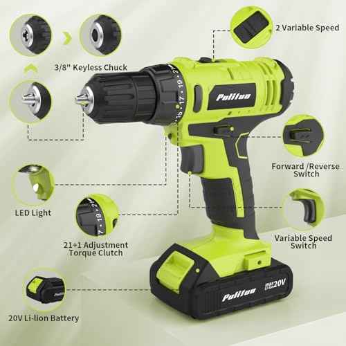 PULITUO'S 20V Cordless Drill/Driver, Electric Screwdriver - 2 Batteries, 30Nm, 21+1 Torque, 2 Speed, Keyless 3/8" Chase Drill with LED Light, Kit for Home (Green)