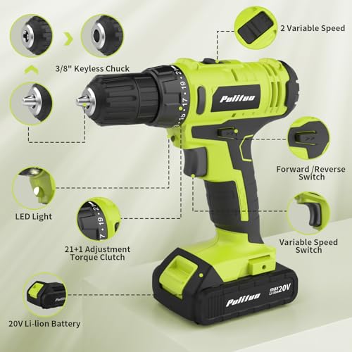 20V Green Cordless Drill/Driver Kit with 2 Batteries, 30Nm Torque, 21+1 Settings