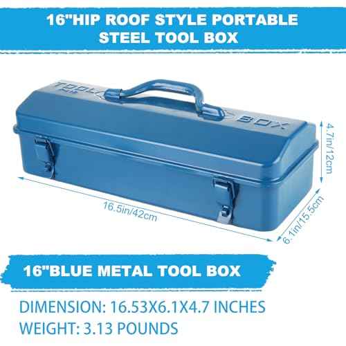 2 PCS Small Metal Tool Box 16 Inch Hip Roof Style Portable Locking Toolbox With Metal Latch Closure & Handle Blue Tool Storage Box