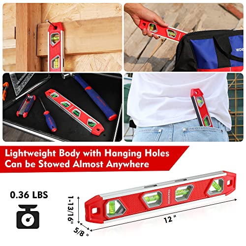 WORKPRO 12-Inch Magnetic Torpedo Level - Red, Durable Aluminum, Accurate Bubble Vials