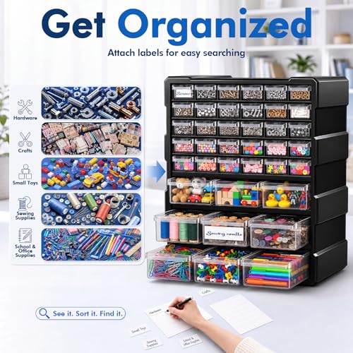 SSRTK 39-Drawer Craft Organizer with Dividers, Labels & Wall Mount Option