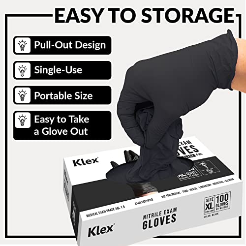 Klex Nitrile Exam Gloves - Medical Grade, Powder & Latex Free, Food Safe, Black, 100, 1000 Count, S, M, L, XL