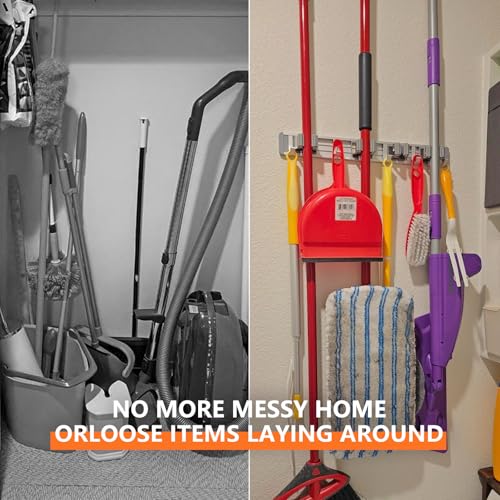 Reliahom Silver Wall Mount Broom Holder with 4 Racks & 5 Hooks - 1 Pack