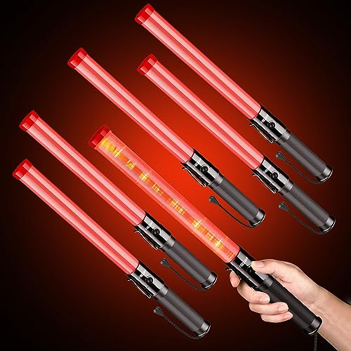 HiGiant 6 Pack 16 Inch Traffic Wand, LED Traffic Control Baton, Red Light Wands with Flashing Modes, Air Traffic Control Light with Side Clip for Parking Direct, Airport Safety