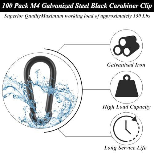 MIVIDE M4 40mm Black Carabiner Clips 100 Pack Heavy Duty Spring Snap Hooks
