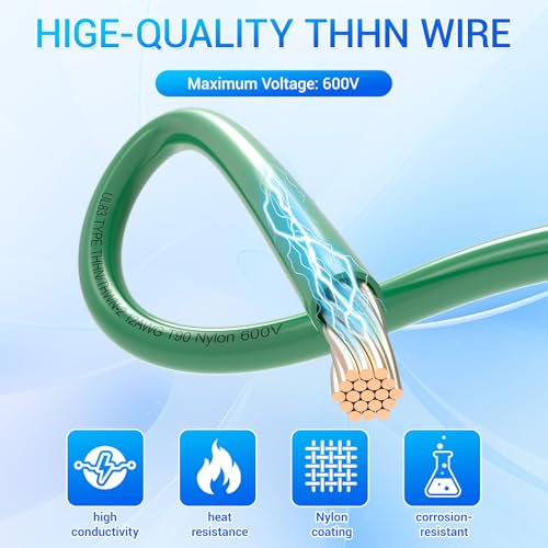 Green 12 Gauge THHN Wire 25FT Copper Ground Wire UL83 - Flexible Electrical Cable
