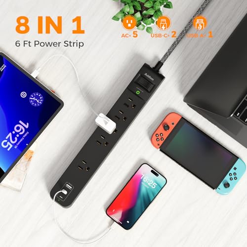 Addtam Black & Dark Gray 6Ft Power Strip Surge Protector with 5 Outlets & 3 USB Ports