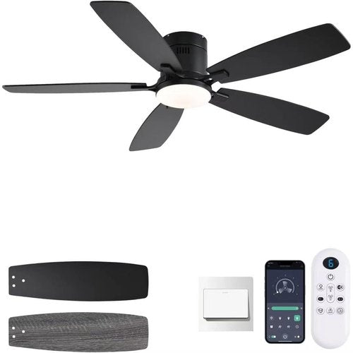 52inch Ceiling Fans with Lights, Low Profile Ceiling Fan with Light and Remote/APP Control, Flush Mount, Reversible Motor, Dimmable LED, Noiseless, Black Ceiling Fan for Bedroom Indoor Outdoor Use