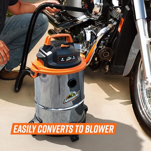 Armor All 4-Gallon Stainless Steel Wet/Dry Vacuum, 3 Peak HP, Portable Orange