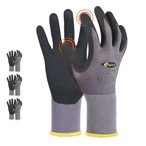 JKSafety Sandy MicroFoam Nitrile Safety Work Gloves with Touch Screen capability 3 Pairs Lightweight Work Utility Gloves EN388 Non-Slip Grips Nylon Spandex material Charcoal Gray (G229-CGrey3 L)