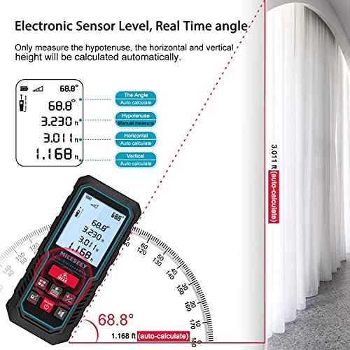 Laser Measure Device, MiLESEEY 229ft Digital Laser Tape Measure with Upgrade Electronic Angle Sensor, 2mm Accuracy, Area Measurement,Volume and Pythagoras, 2" LCD Backlit,Mute, Battery Included