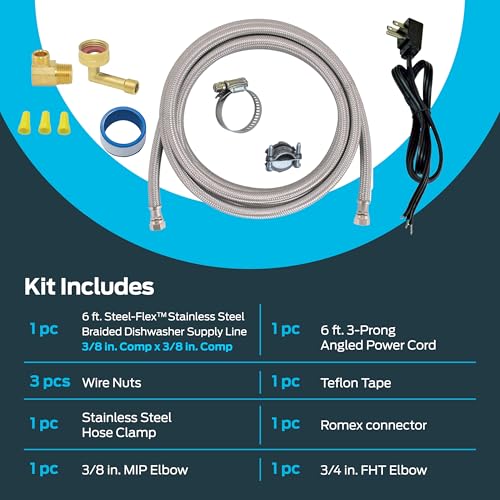 Eastman 6 ft Dishwasher Installation Kit with Stainless Braided Supply Line and 3/8 in Compression Ends
