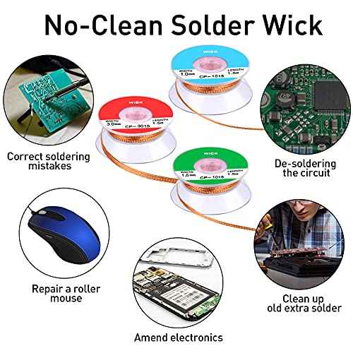 Hotop 6 Pieces Solder Wicks No-clean Solder 1.5 Meter Length Braided Wicks(0.04", 0.06", 0.08", 0.1", 0.12", 0.14",Multi-color)