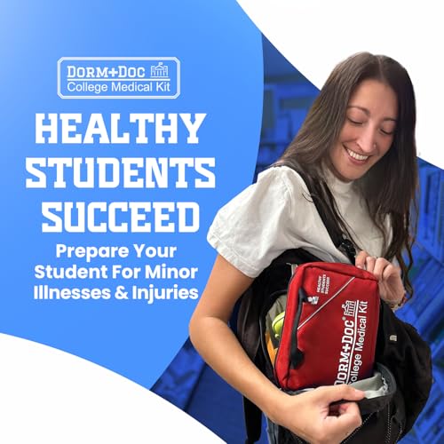 Red DormDoc College First Aid Kit - Compact 175 PCS Emergency Medical Supplies for Dorm, School & Sports