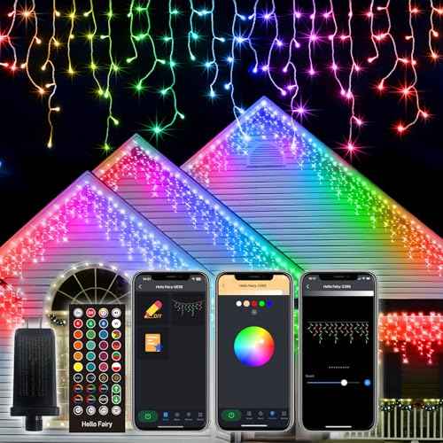 Smart RGB Icicle Lights Outside 33FT 299LED 69 Drops, App & Remote Control Music Sync Waterproof Christmas Roof String Lights, DIY Color Changing Holiday Yard Decorations for Patio, Party, Wedding