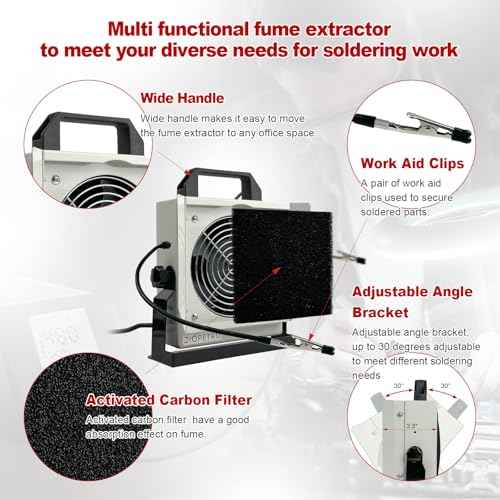 Solder Smoke Absorber, Multifunctional Solder Fume Extractor, Solder Fan with Tiltable Bracket, Fume Extractor Soldering, with 2 PCS Work Aid Clips Suitable for Soldering