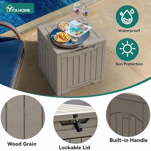 YITAHOME 31 Gallon Deck Box Taupe - Outdoor Storage Box with Bench & Handles