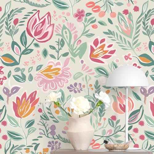 Colorful Peel and Stick Wallpaper Kids Cute Floral Contact Paper for Cabinets Self Adhesive Removable Contact Paper Fun Flower Garden Wallpaper for Bedroom Bathroom Waterproof 17.3inW 78.7inL