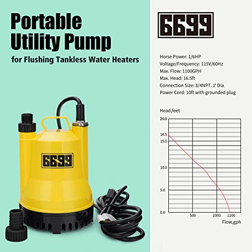 Tankless Water Heater Descaling Flush Kit with Submersible Pump & Hoses
