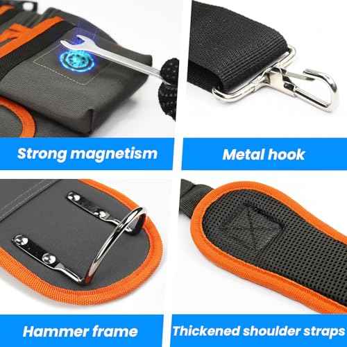 Tool Belt, Professional Tool Belts for Men, Magnetic Tool Pouch With Suspenders, Heavy Duty Detachable Adjustable Utility Belt Work Bags for Electrician, Carpenter (Gray and Orange, 32''-66'')
