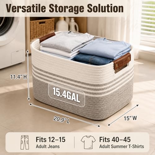ordnestidy White Brown Cotton Rope Laundry Basket 15.4GAL, Collapsible Rectangular Hamper