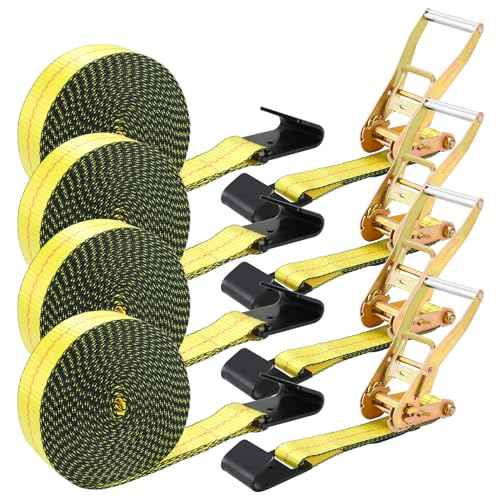 TLGREEN 4 Pack 2 in x 27 FT Flat Hook Ratchet Straps (11,000 lbs Break Strength), Heavy Duty Tie Down Straps for Trucks (Yellow)