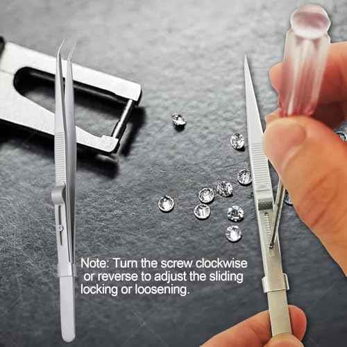 2Pcs Professional Diamond Tweezers Gem Stone Tweezers Jewelry Tweezers Stainless Steel Slide Locking Non-slip Pointed Tip Tweezers with Slot for Jewelers Making