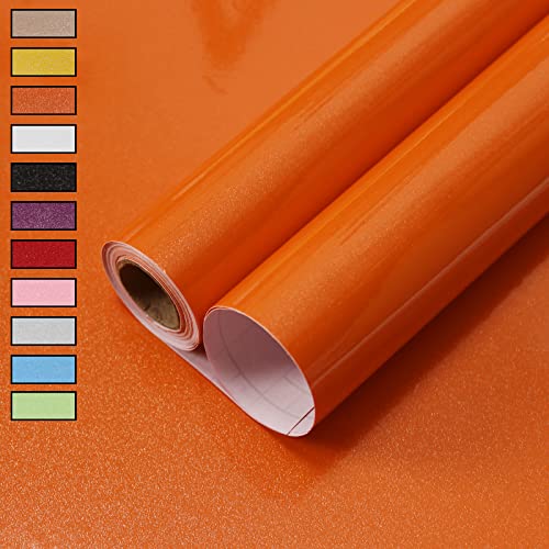 WADILE Peel and Stick Wallpaper, Shiny Contact Paper Solid Color Waterproof, Vinyl Colored Wall Paper Self Adhesive, Glossy Wallpaper Removable for Cabinets (Orange, 15.7" X 78.7")