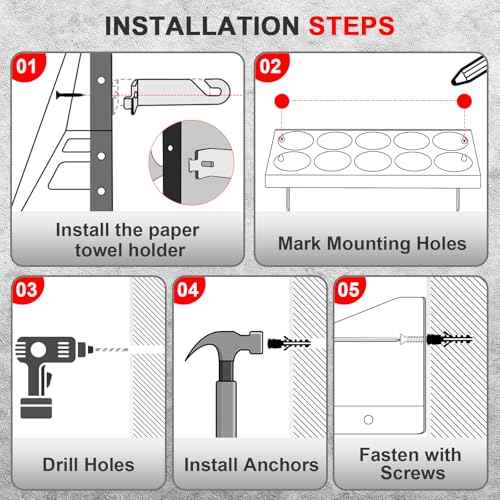 10 Aerosol Spray Can Holder with Paper Towel Holder & 4 Detachable Hooks, Space-Saving Tool Organizer Wall Mount for Garage, Workspace and Tool Room