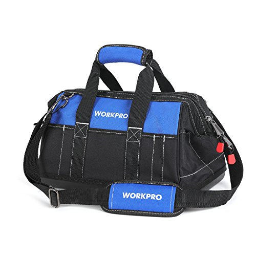 WORKPRO 16-inch Wide Mouth Tool Bag with Water-Proof Molded Base, Blue & Black