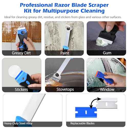 4 Pack Razor Blade Scraper Set with 20 Pcs Extra Replacement Metal and 20 Pcs Plastic Razor Blades, Scraper Tool for Cleaning Cooktop, Paint, Tile, Window, Glass