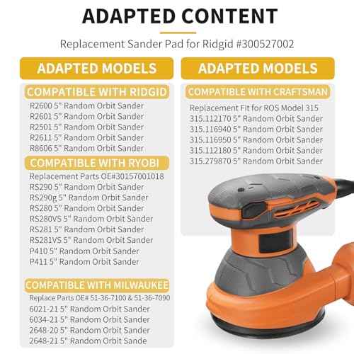 5 Inch 8 Hole Orbital Sander Pads Compatible with Ridgid R2501 R2600 R2601 R2611 R8606 Random Orbit Sander Replacement Hook and Loop Backing Pad Parts # 300527002