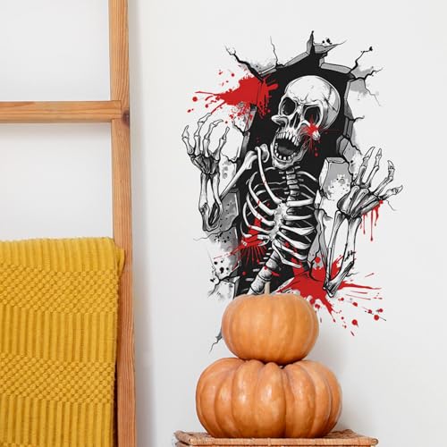 Halloween Wall Decor 3D Horror Skeleton with Blood Wall Decals for Living Room Self-Adhesive Removable Skeleton Wall Stickers for Home Room Bedroom Wall Art Halloween Party Decorations