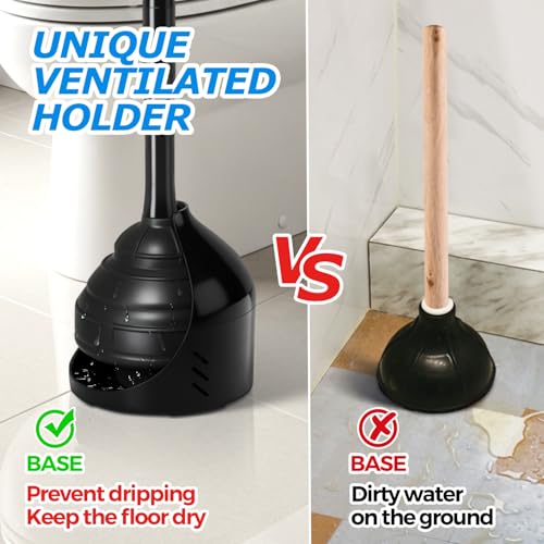FORASTO Black Toilet Plunger with Holder - Heavy Duty Clog Remover