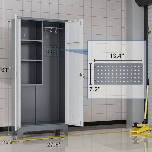 61" Metal Lockable Storage Cabinet with Pegboard & Hanging Rod – White & Gray