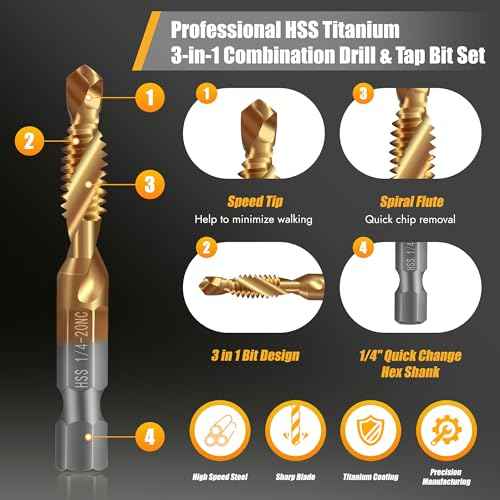 Junreox 6 Pack Combination Drill and Tap Set, Professional HSS Titanium Thread Tap Drill Bit Set in SAE 6-32nc 8-32nc 10-32nc 10-24nc 12-24nc 1/4-20nc, Quick Change Screw Tapping with 1/4¡± Hex Shank