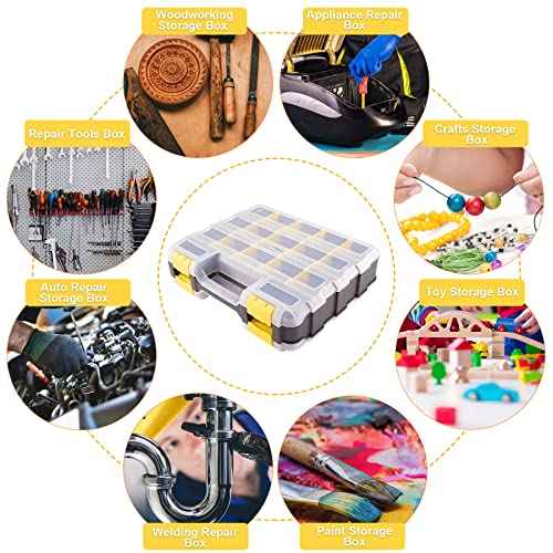 Hardware Organizer Box 34 Compartments Small Parts Organizer with Removable Dividers Durable Plastic Double Side Tools Box Screw Organizer For Nuts, Bolts, Screws, Nails, Small Hardware (Yellow)