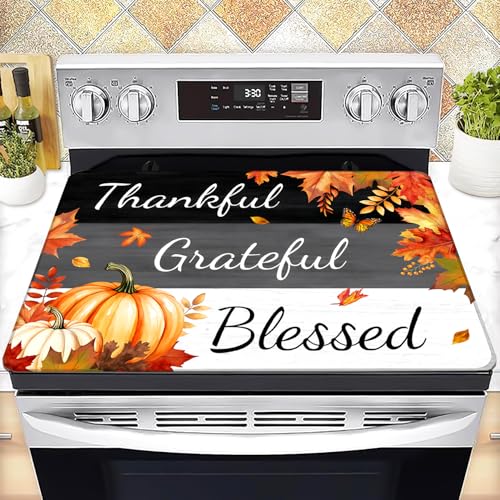 ENCHAN 28x20 Inch Glass Top Stove Cover - Heat-Resistant, Black & Yellow Fall Leaves