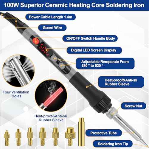 139PCS Heat Set Insert Tool,100W Digital Soldering Iron with 130PCS Threaded Inserts Nut,6PCS Heat-Set Insert Tips (M2 M3 M4 M5 M6 M8),2PCS Soldering Tip Connecting Rods