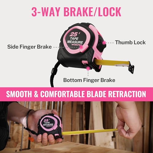 WORKPRO 25-FT Tape Measure with Fractions, Magnetic Hook, Nylon Coated Blade, Compact Locking Tool, Pink