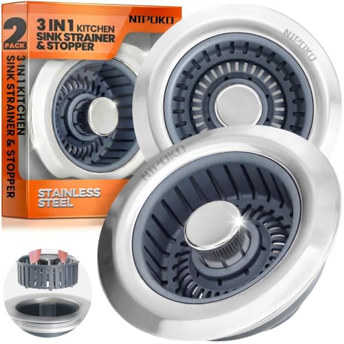 Nipoko 2 Pack 3-in-1 Kitchen Sink Drain Strainer Stopper Basket - Silver