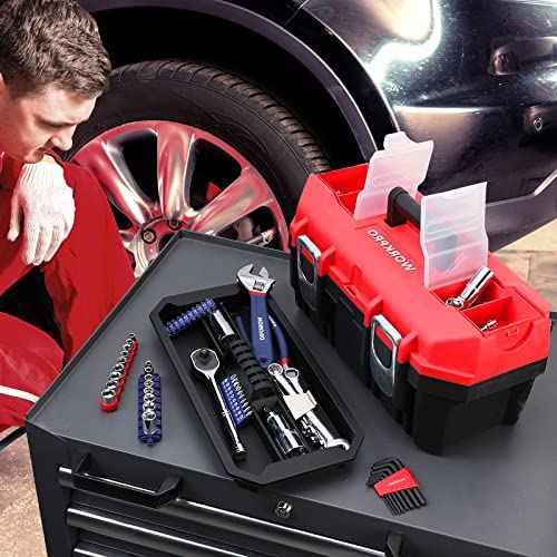 WORKPRO Tool Box Portable 16" with Removable Tray Heavy Duty Toolbox with 2 Metal Latches, Rated up to 33 Lbs, PP Plastic Small Tool Boxes with Lock Secured, Small Parts Organizer in Lid, black & red